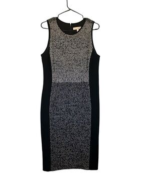Etcetera Tweed-Panel Sheath Dress in Black and White. Size 12